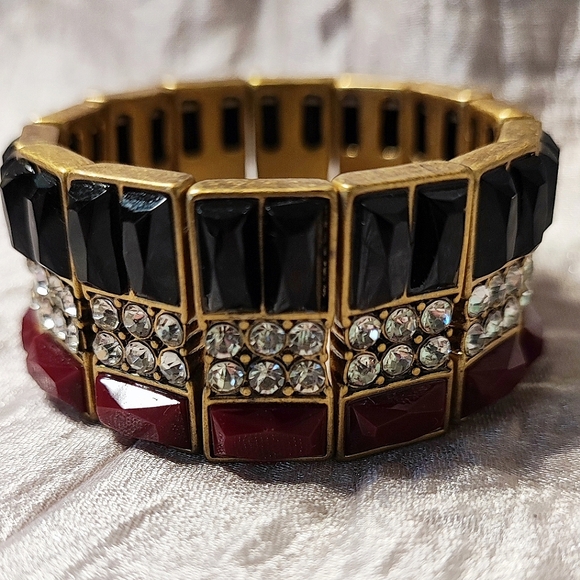 J. Crew Baguette Acrylic Black Merlot Rhinestone Stretch Bracelet Oxidized Brass - Picture 1 of 9